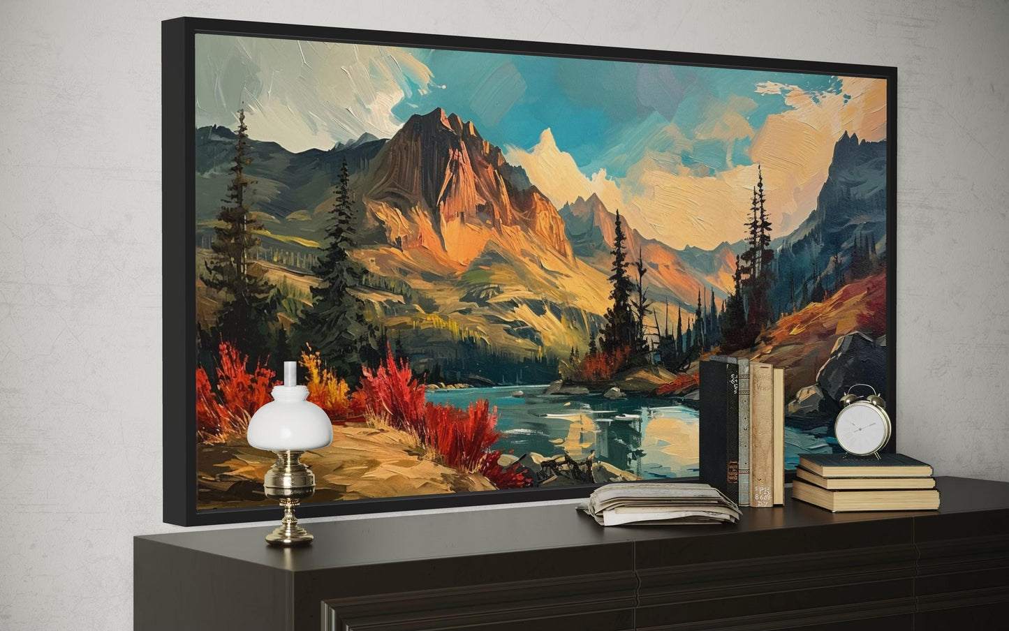 Modern Abstract Mountain Lake Sunset In Autumn Framed Canvas Wall Art