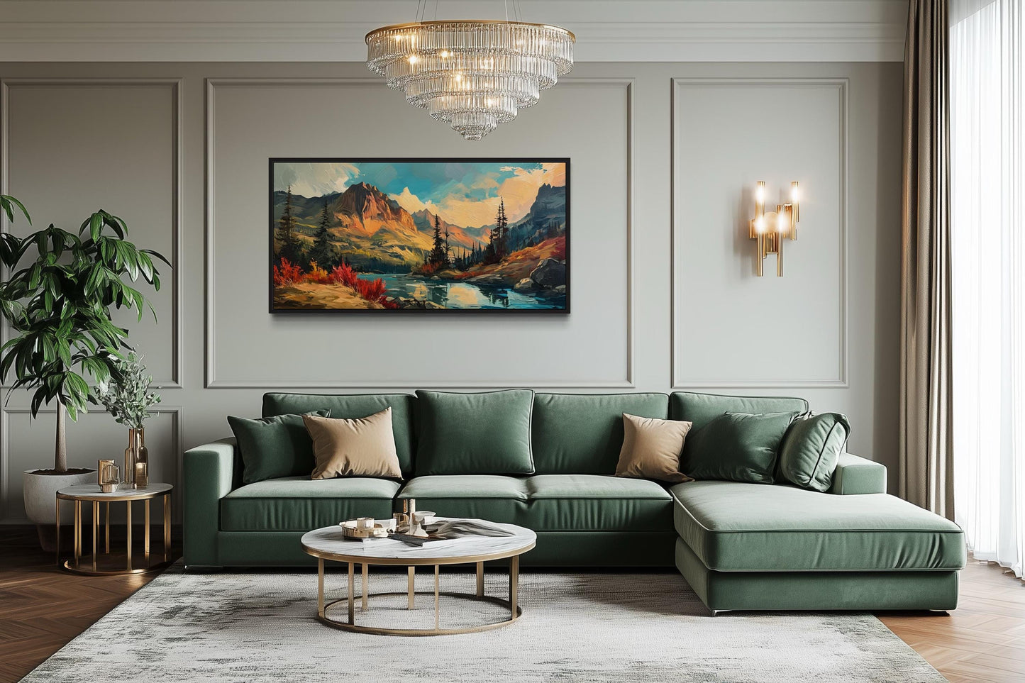 Modern Abstract Mountain Lake Sunset In Autumn Framed Canvas Wall Art