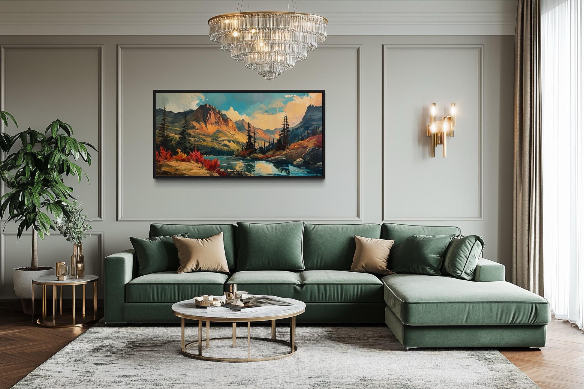 Modern Abstract Mountain Lake Sunset In Autumn Framed Canvas Wall Art