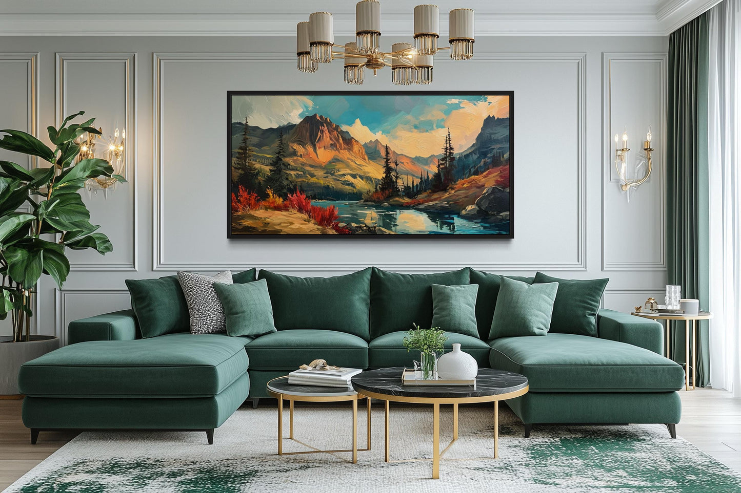 Modern Abstract Mountain Lake Sunset In Autumn Framed Canvas Wall Art