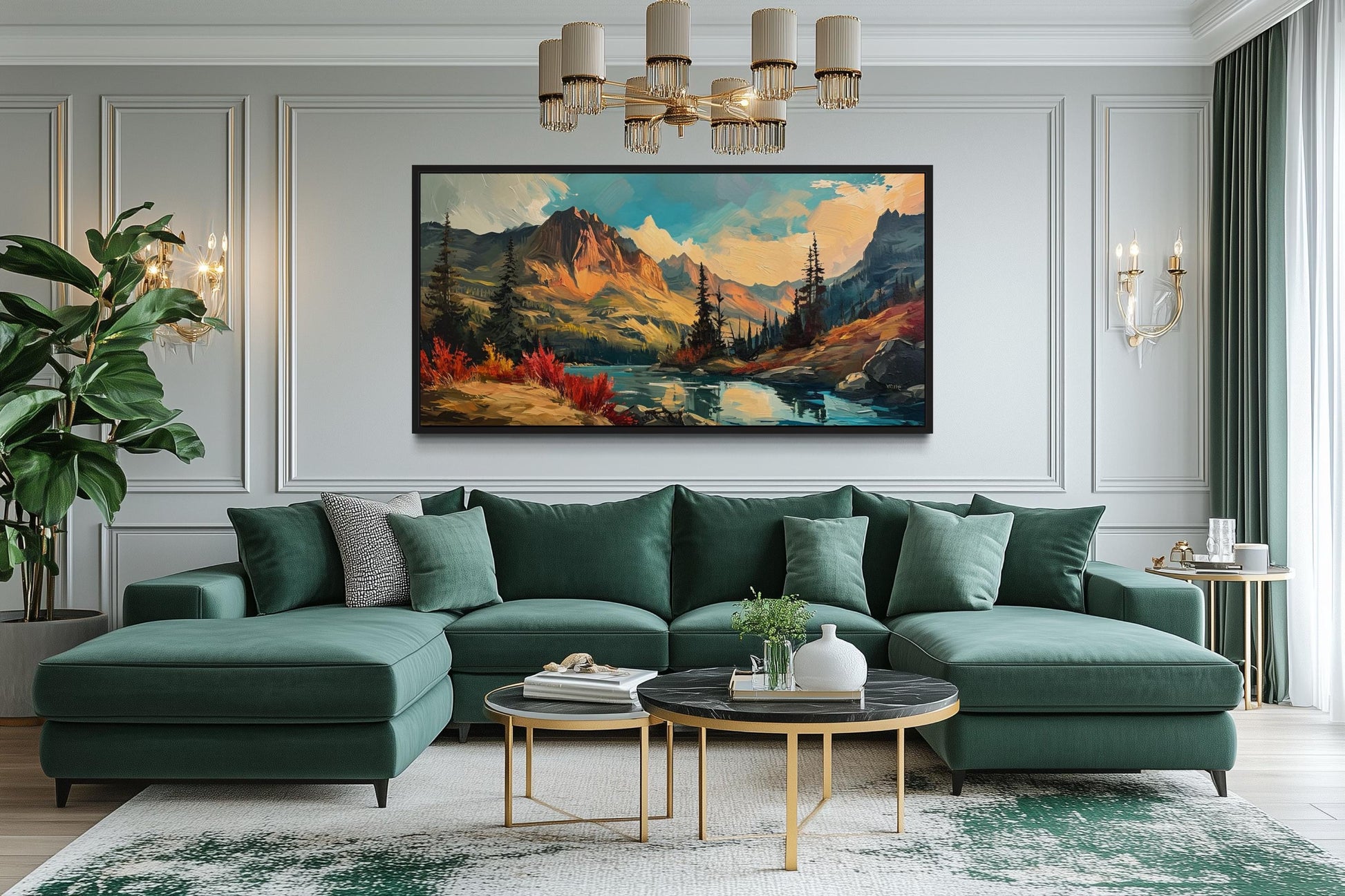 Modern Abstract Mountain Lake Sunset In Autumn Framed Canvas Wall Art
