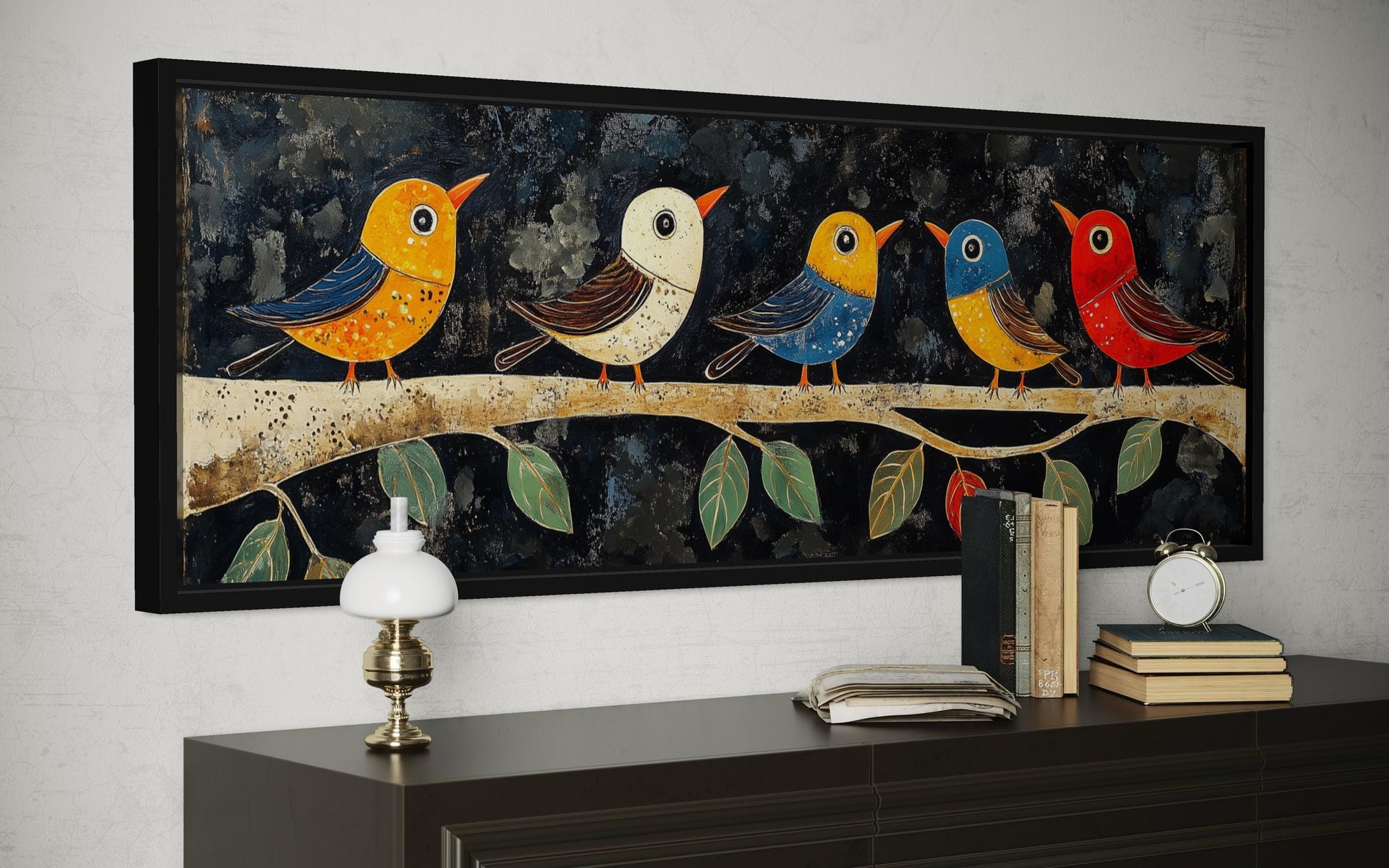 Modern Colorful Folk Style Birds on a Branch Long Narrow Canvas Wall Art