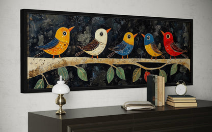 Modern Colorful Folk Style Birds on a Branch Long Narrow Canvas Wall Art