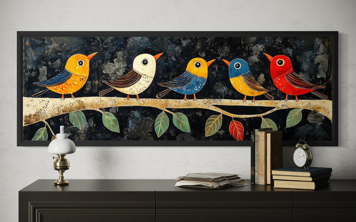 Modern Colorful Folk Style Birds on a Branch Long Narrow Canvas Wall Art