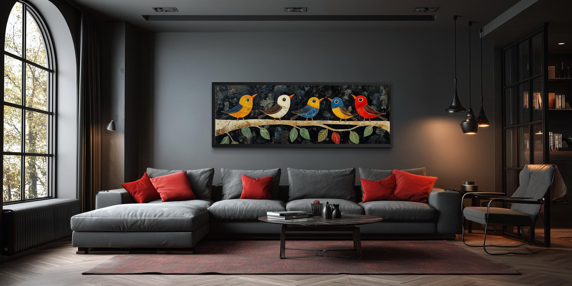 Modern Colorful Folk Style Birds on a Branch Long Narrow Canvas Wall Art
