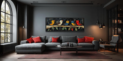 Modern Colorful Folk Style Birds on a Branch Long Narrow Canvas Wall Art