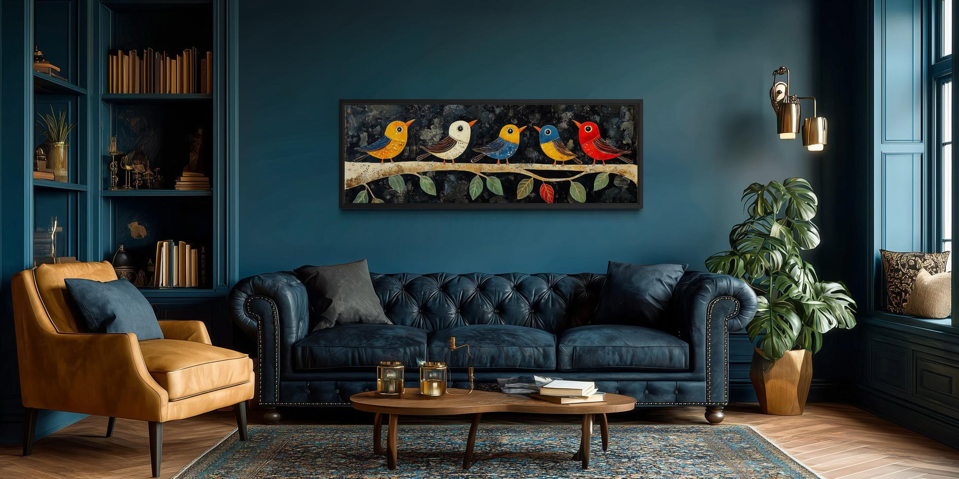 Modern Colorful Folk Style Birds on a Branch Long Narrow Canvas Wall Art