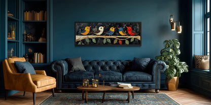 Modern Colorful Folk Style Birds on a Branch Long Narrow Canvas Wall Art