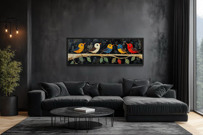 Modern Colorful Folk Style Birds on a Branch Long Narrow Canvas Wall Art