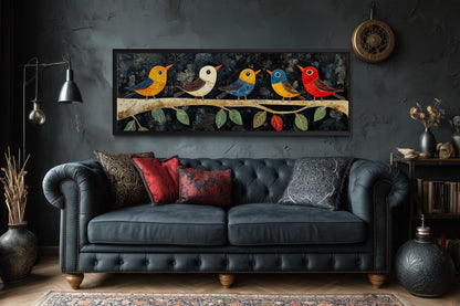 Modern Colorful Folk Style Birds on a Branch Long Narrow Canvas Wall Art