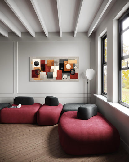 Modern Geometric Abstract Red, Black, Beige and Orange Shapes Canvas Wall Art