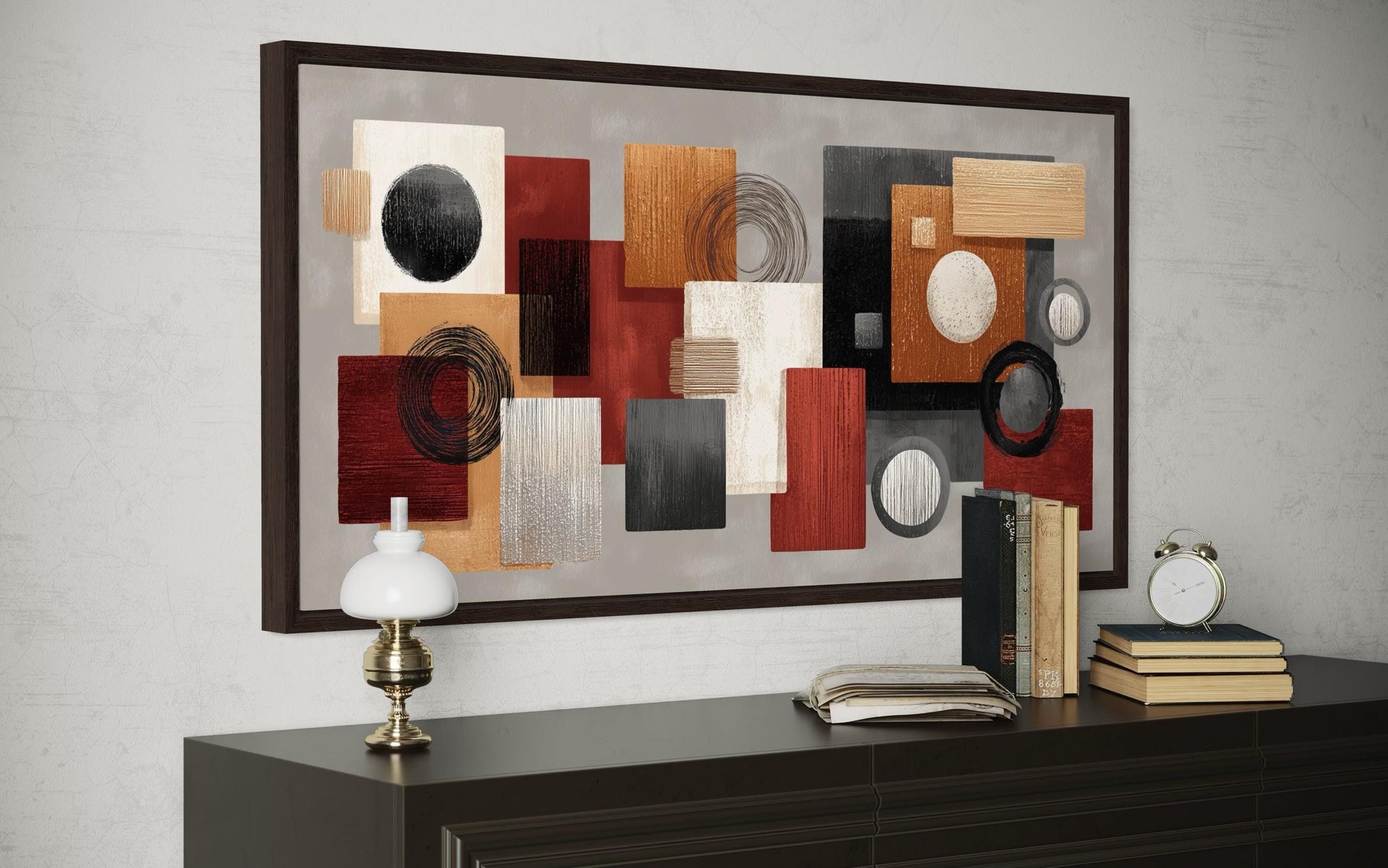Modern Geometric Abstract Red, Black, Beige and Orange Shapes Canvas Wall Art