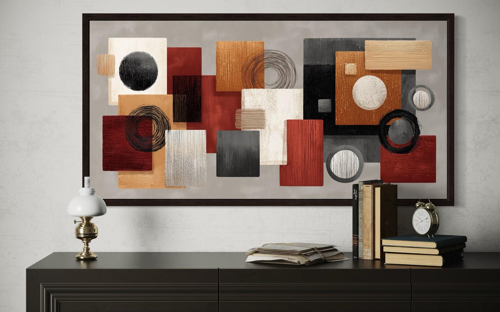 Modern Geometric Abstract Red, Black, Beige and Orange Shapes Canvas Wall Art