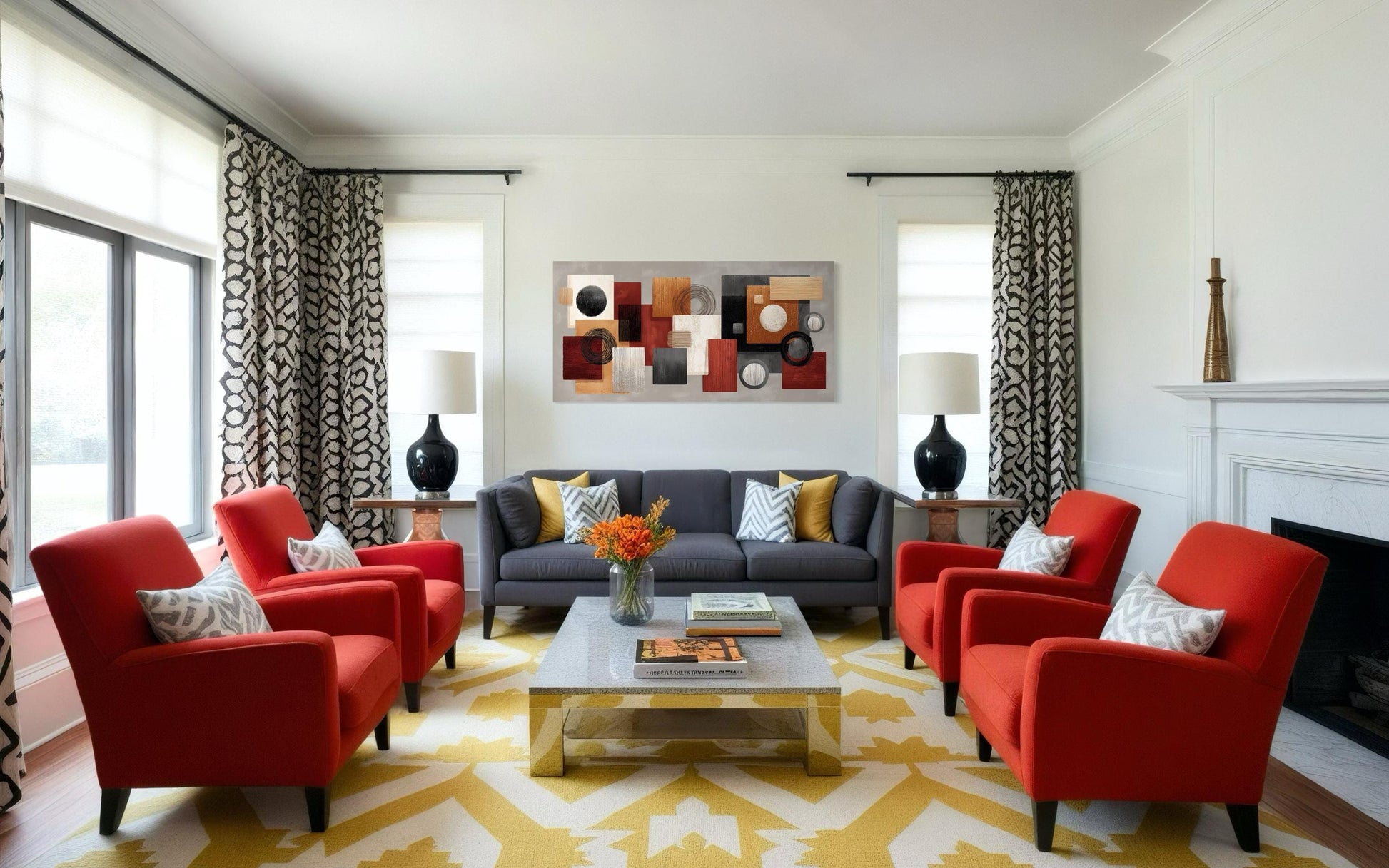 Modern Geometric Abstract Red, Black, Beige and Orange Shapes Canvas Wall Art