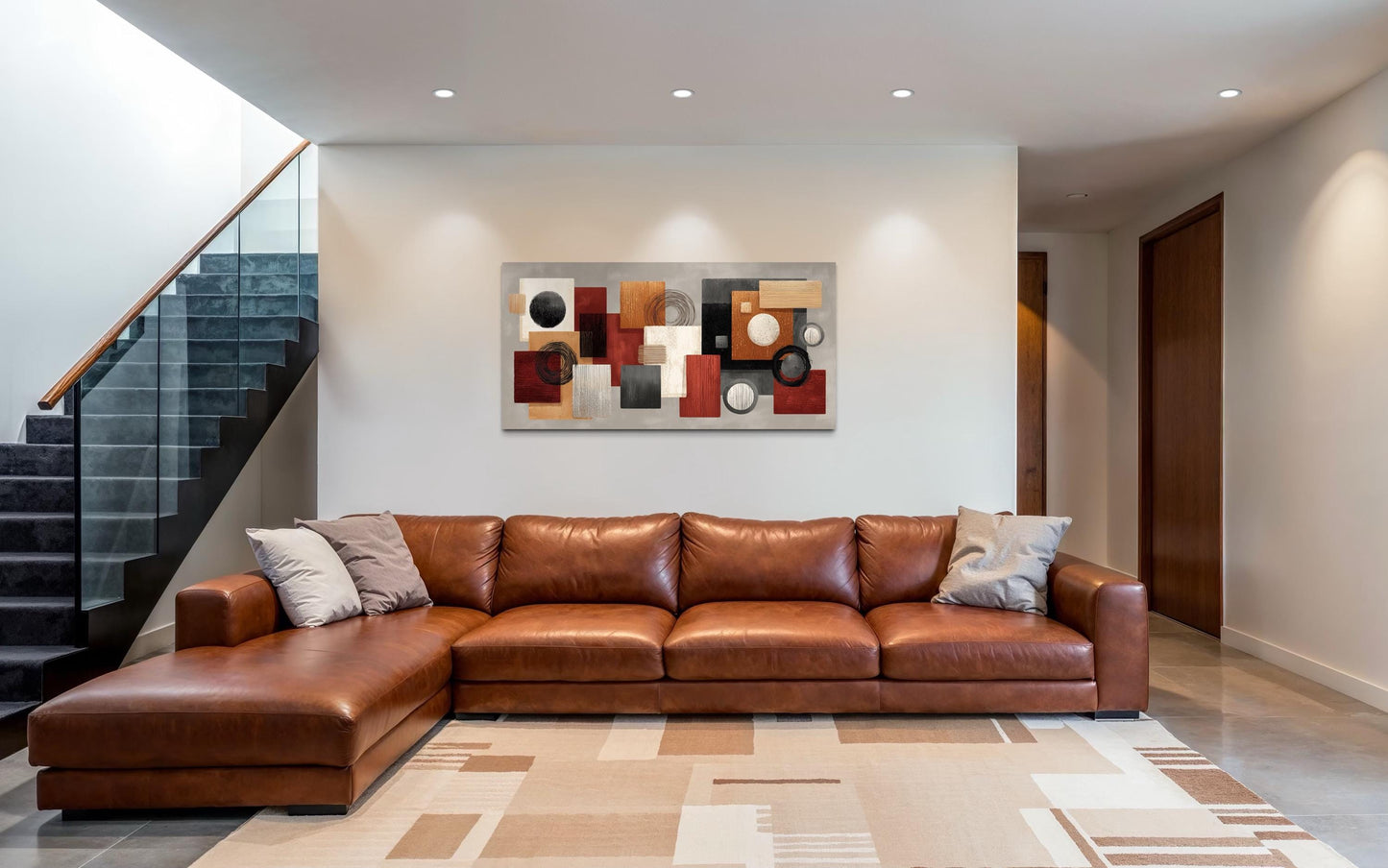 Modern Geometric Abstract Red, Black, Beige and Orange Shapes Canvas Wall Art