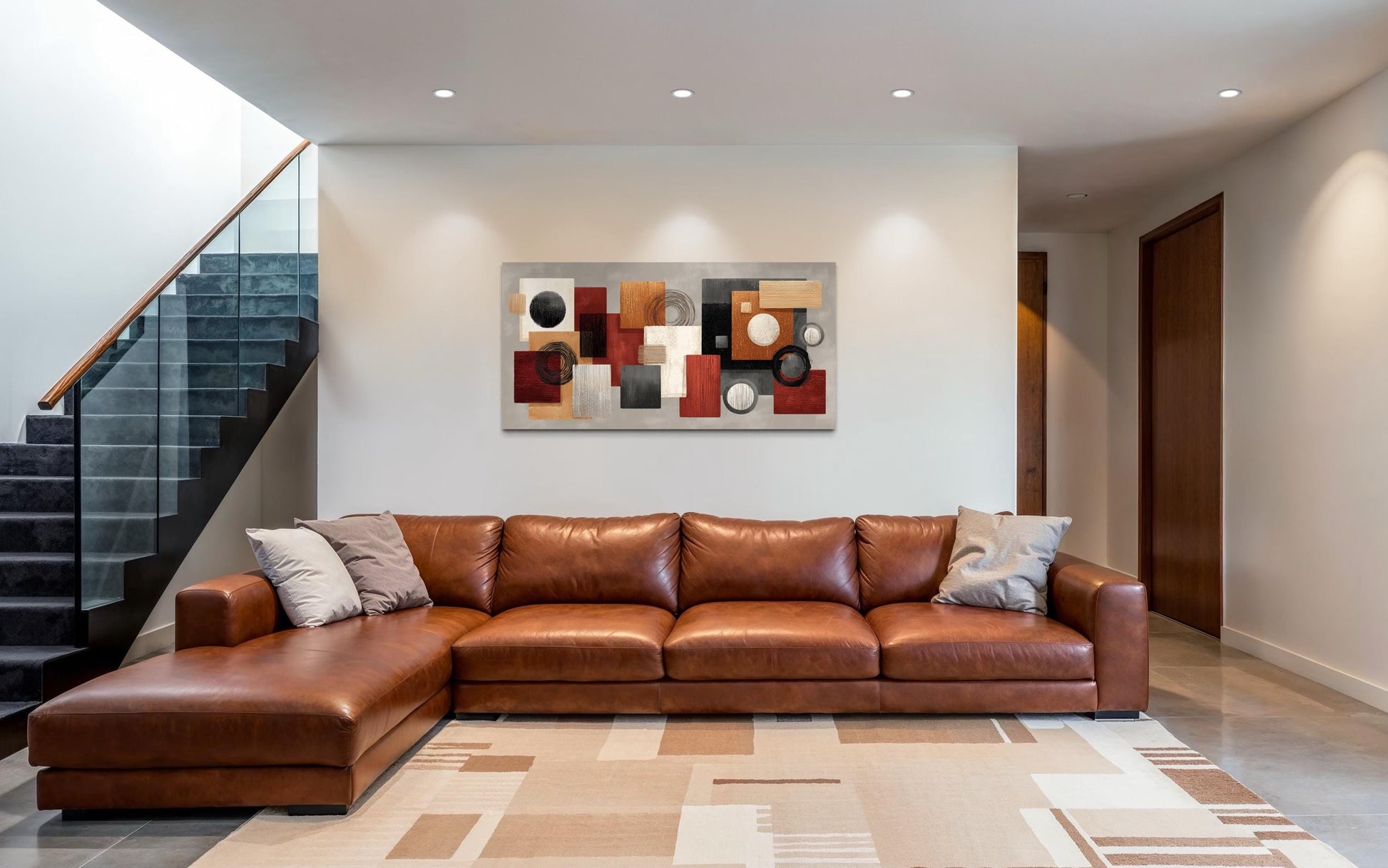 Modern Geometric Abstract Red, Black, Beige and Orange Shapes Canvas Wall Art