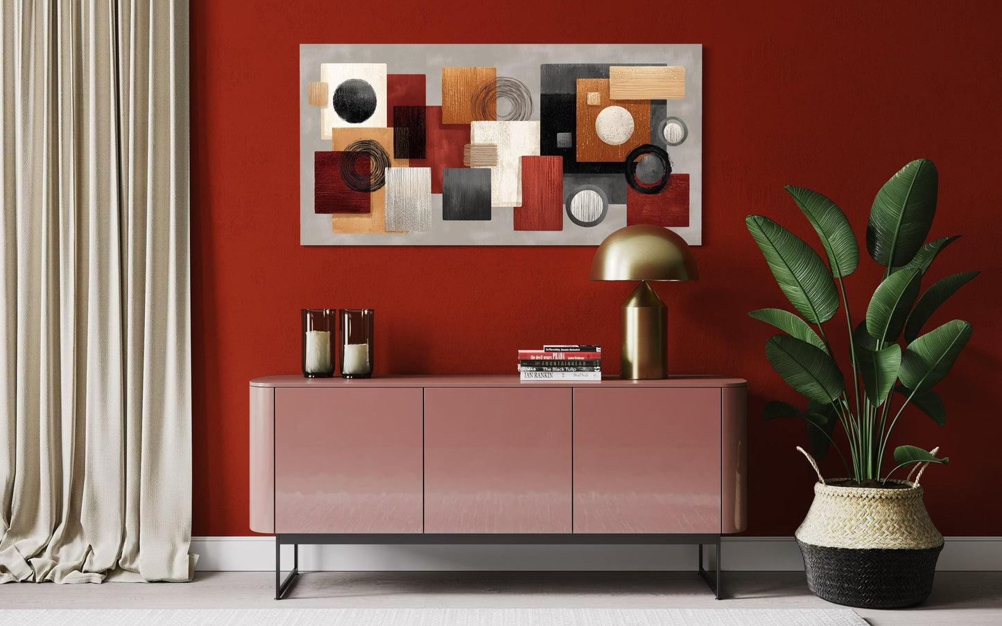 Modern Geometric Abstract Red, Black, Beige and Orange Shapes Canvas Wall Art