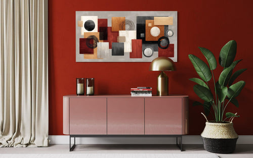 Modern Geometric Abstract Red, Black, Beige and Orange Shapes Canvas Wall Art