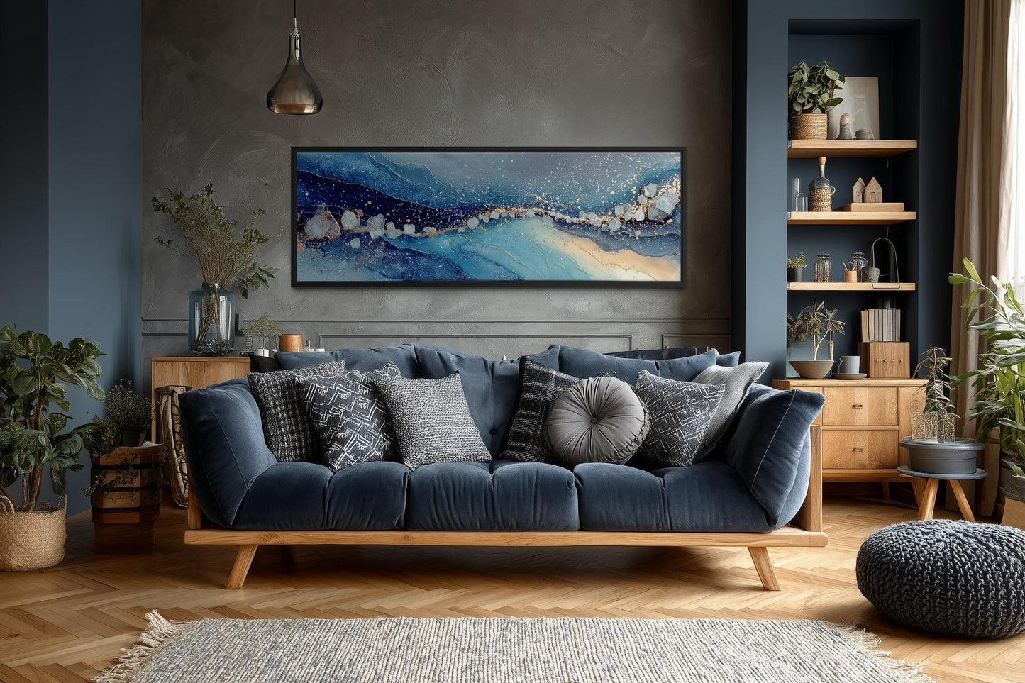 Modern Long Horizontal Blue And Navy Above Bed Or Couch Canvas Art