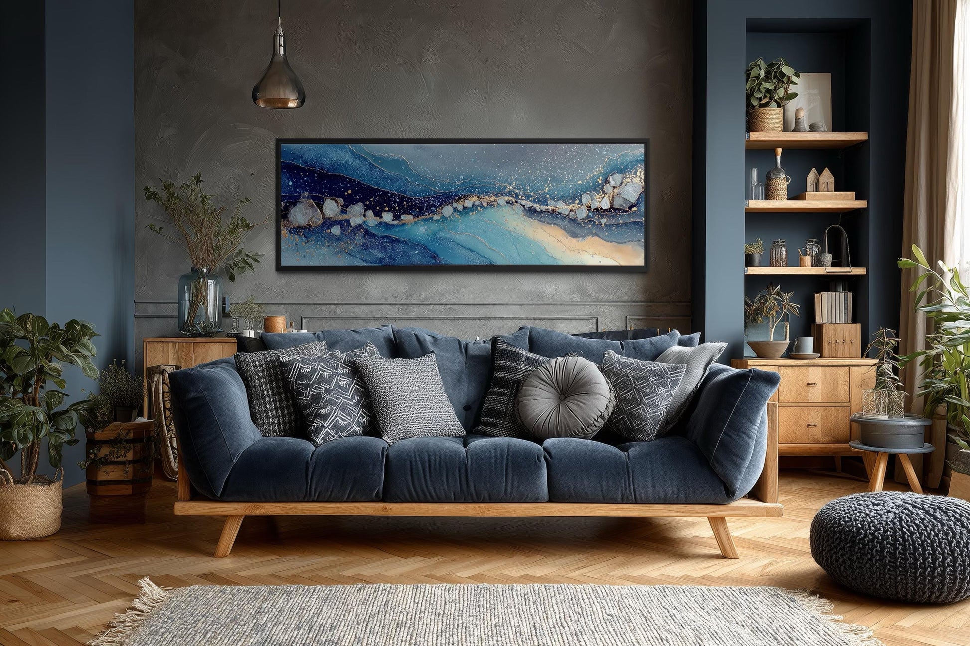 Modern Long Horizontal Blue And Navy Above Bed Or Couch Canvas Art