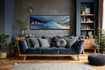 Modern Long Horizontal Blue And Navy Above Bed Or Couch Canvas Art