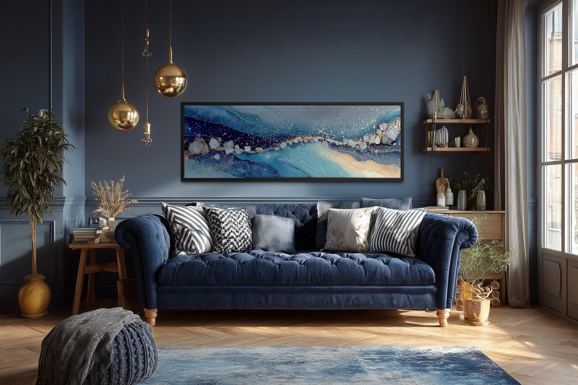 Modern Long Horizontal Blue And Navy Above Bed Or Couch Canvas Art