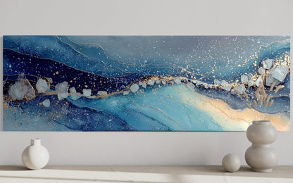 Modern Long Horizontal Blue And Navy Above Bed Or Couch Canvas Art