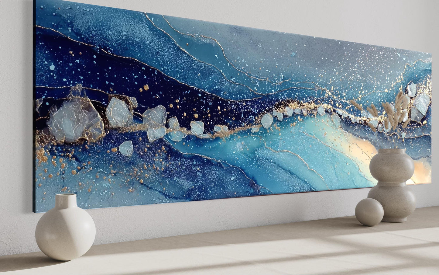 Modern Long Horizontal Blue And Navy Above Bed Or Couch Canvas Art