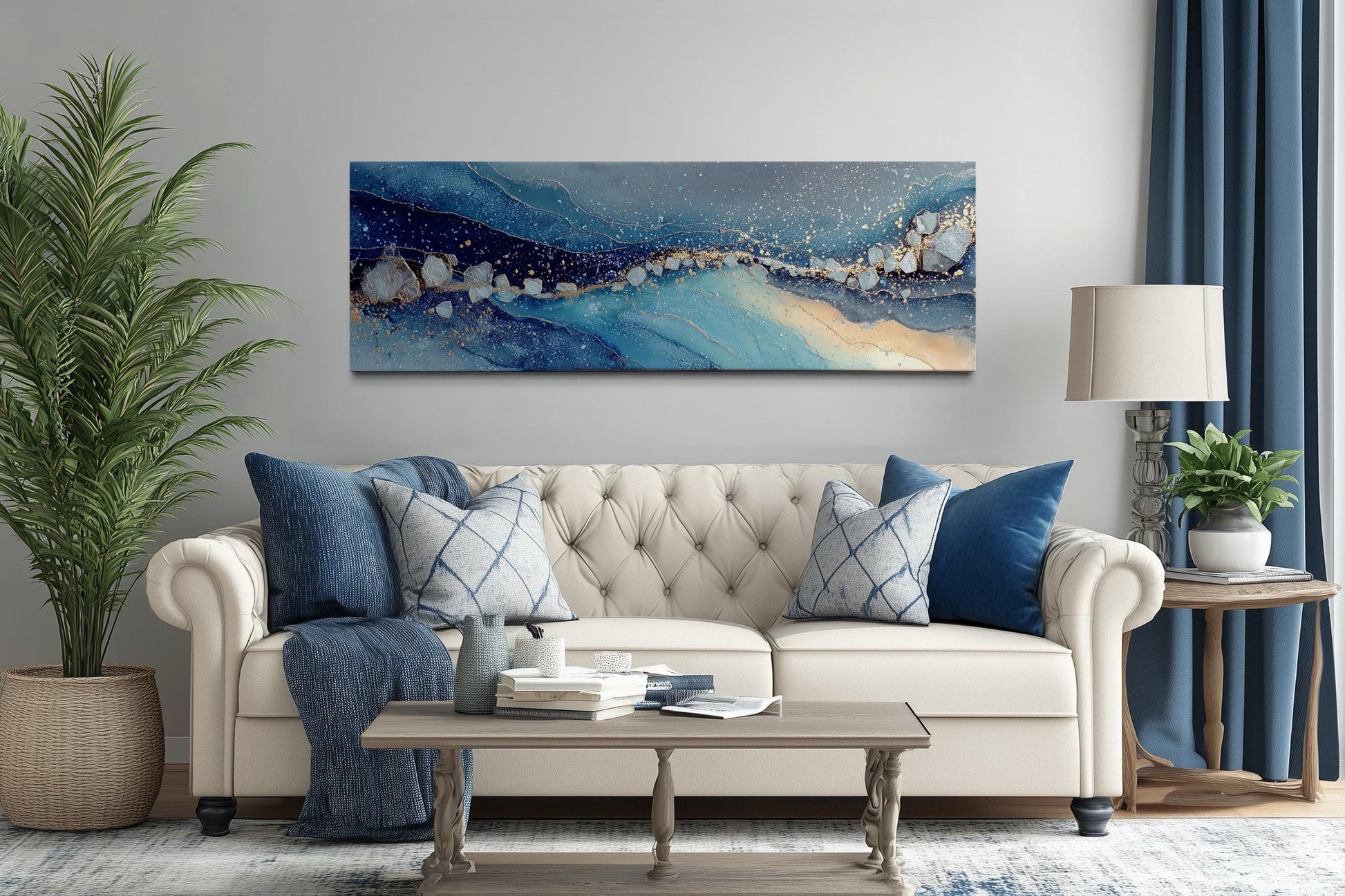 Modern Long Horizontal Blue And Navy Above Bed Or Couch Canvas Art