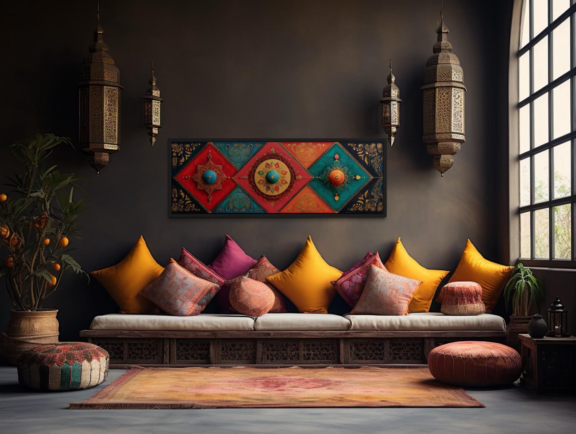 Modern Long Horizontal Indian Patterns Canvas Wall Art