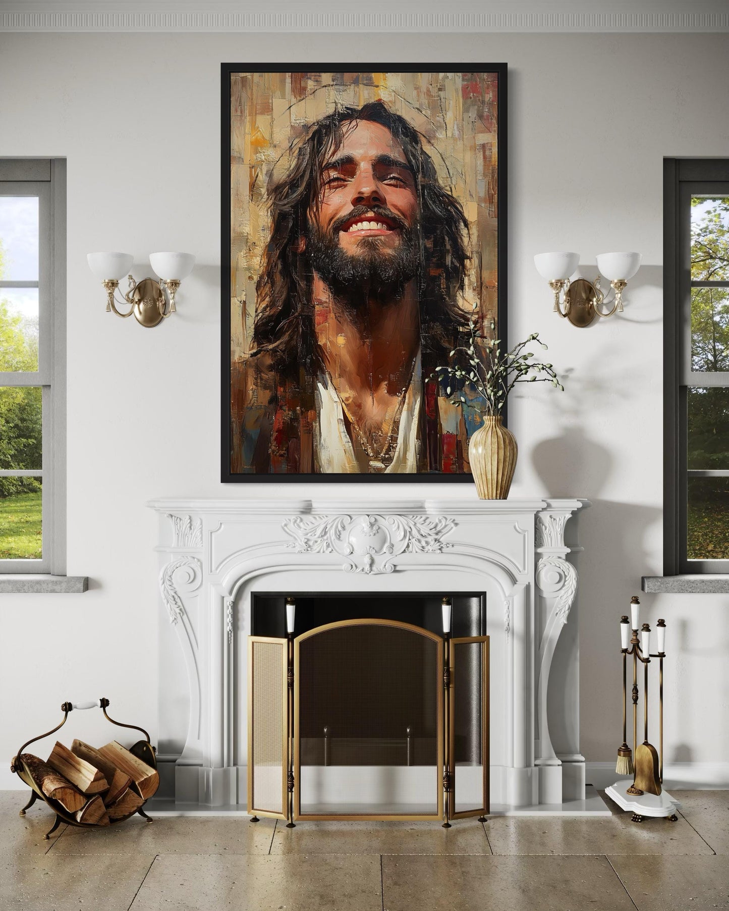 Modern Smiling Jesus Abstract Graffiti Framed Canvas Wall Art