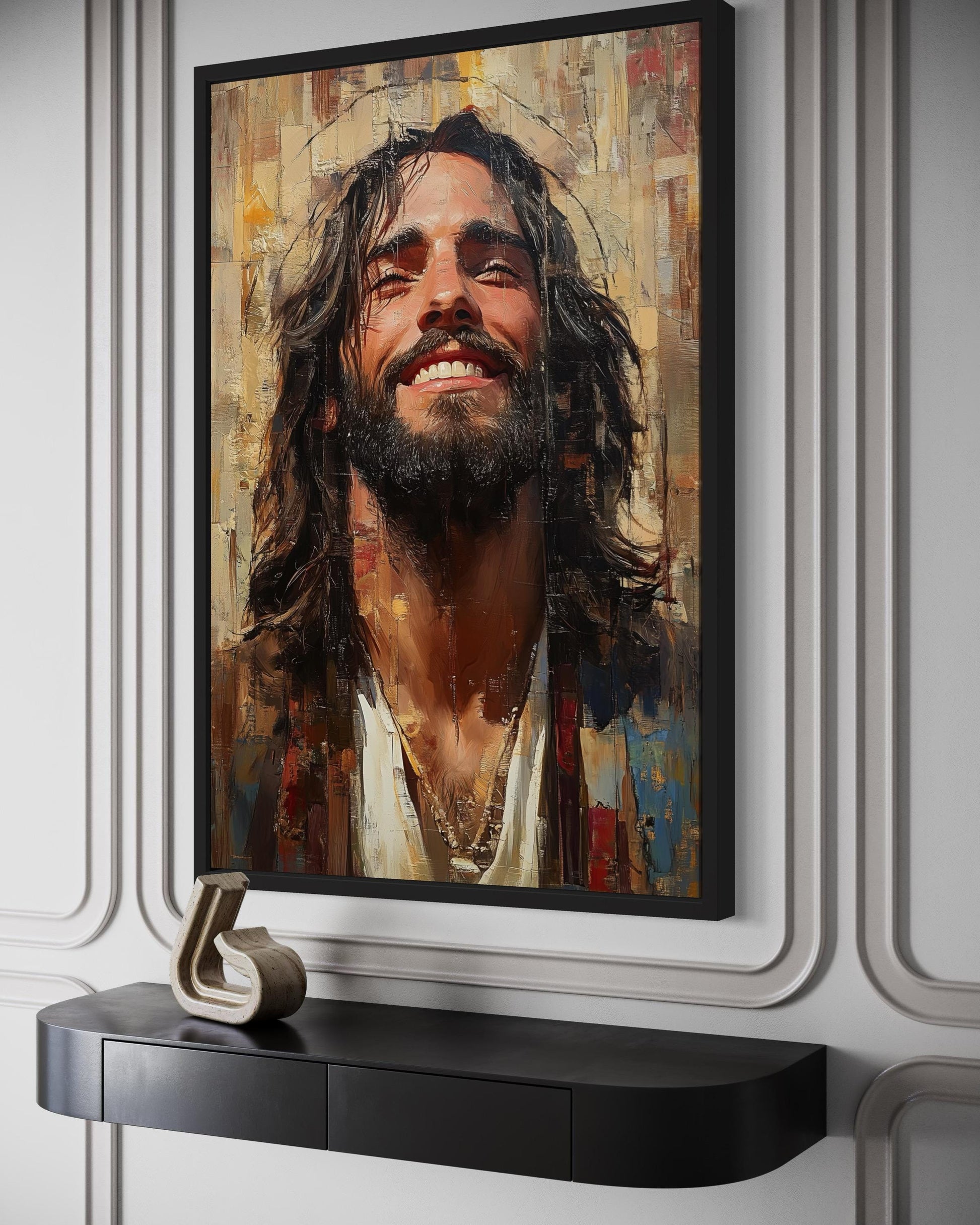 Modern Smiling Jesus Abstract Graffiti Framed Canvas Wall Art