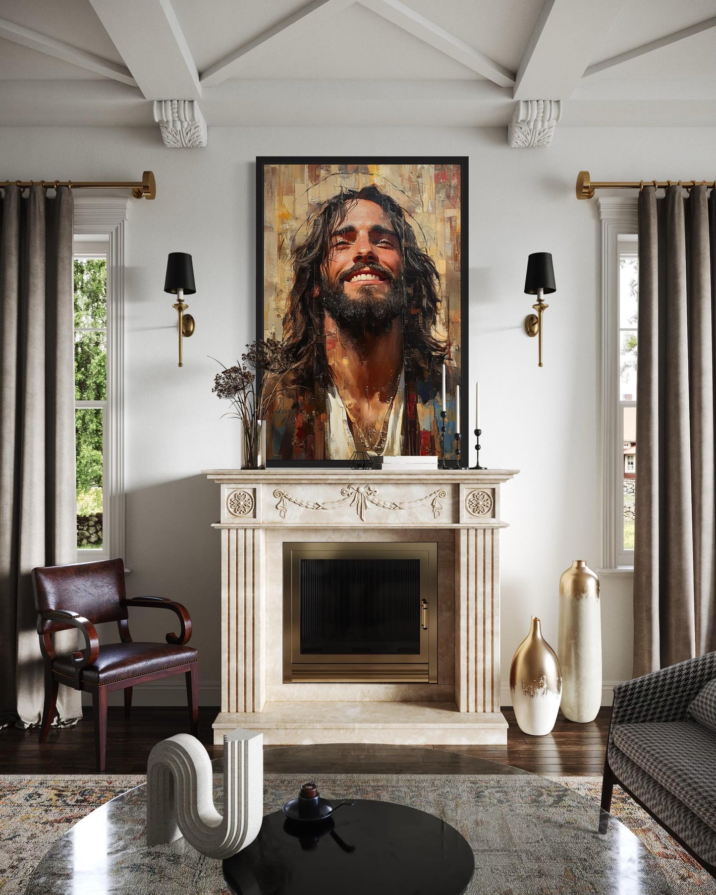 Modern Smiling Jesus Abstract Graffiti Framed Canvas Wall Art