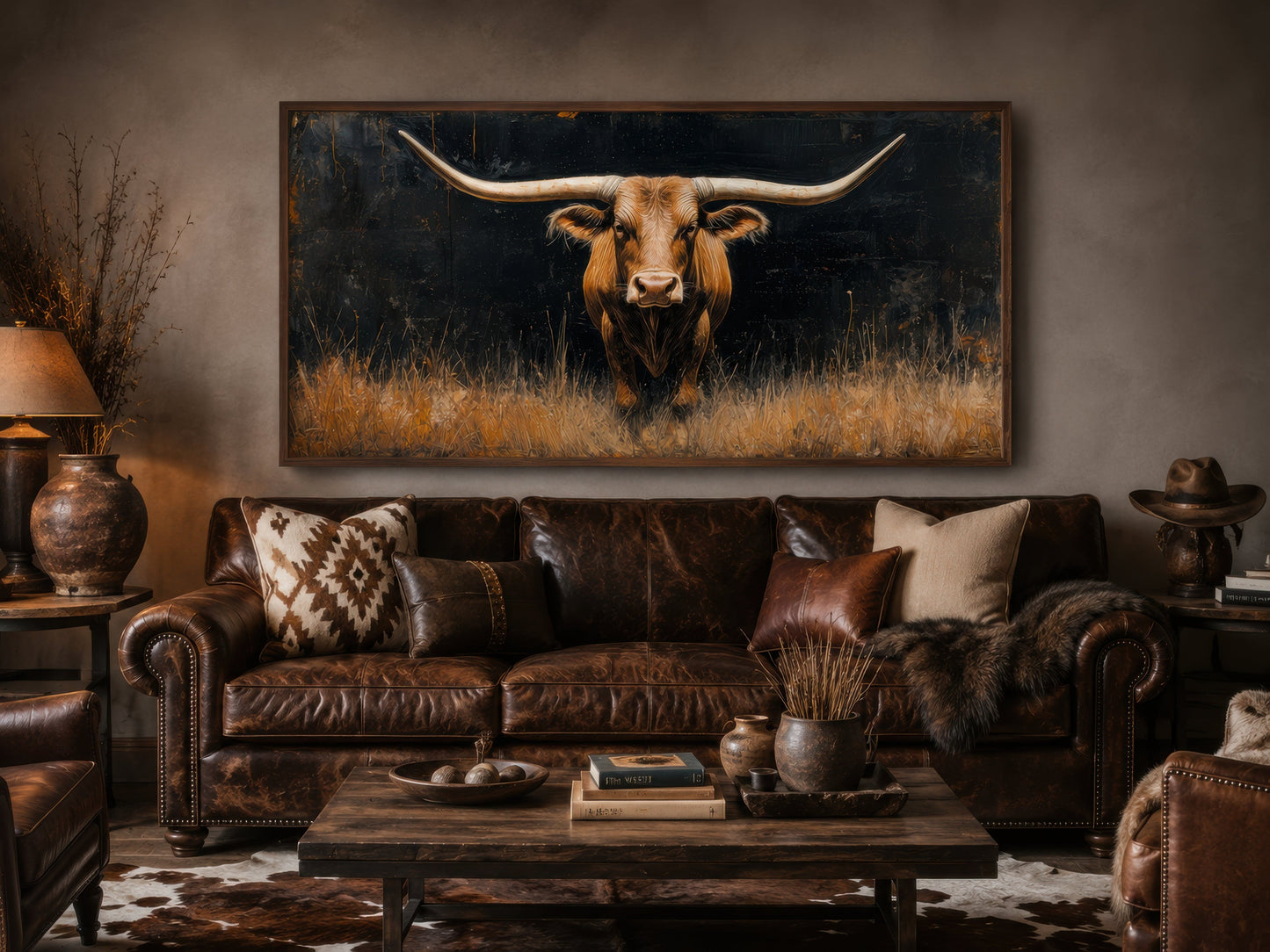 Modern Texas Longhorn Steer In The Grass Framed Farmhouse Canvas Wall Art