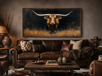 Modern Texas Longhorn Steer In The Grass Framed Farmhouse Canvas Wall Art