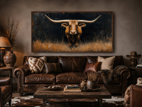 Modern Texas Longhorn Steer In The Grass Framed Farmhouse Canvas Wall Art