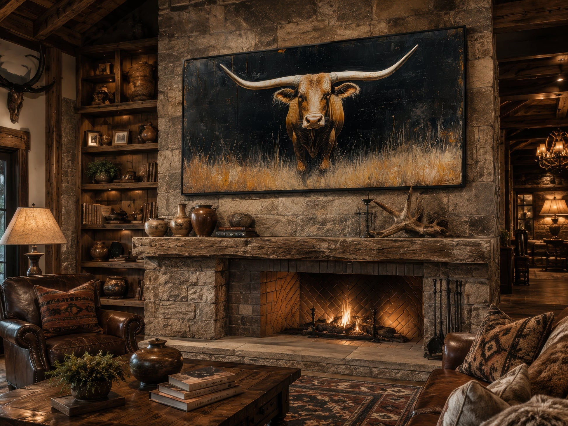 Modern Texas Longhorn Steer In The Grass Framed Farmhouse Canvas Wall Art