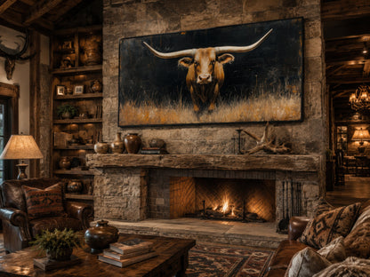 Modern Texas Longhorn Steer In The Grass Framed Farmhouse Canvas Wall Art