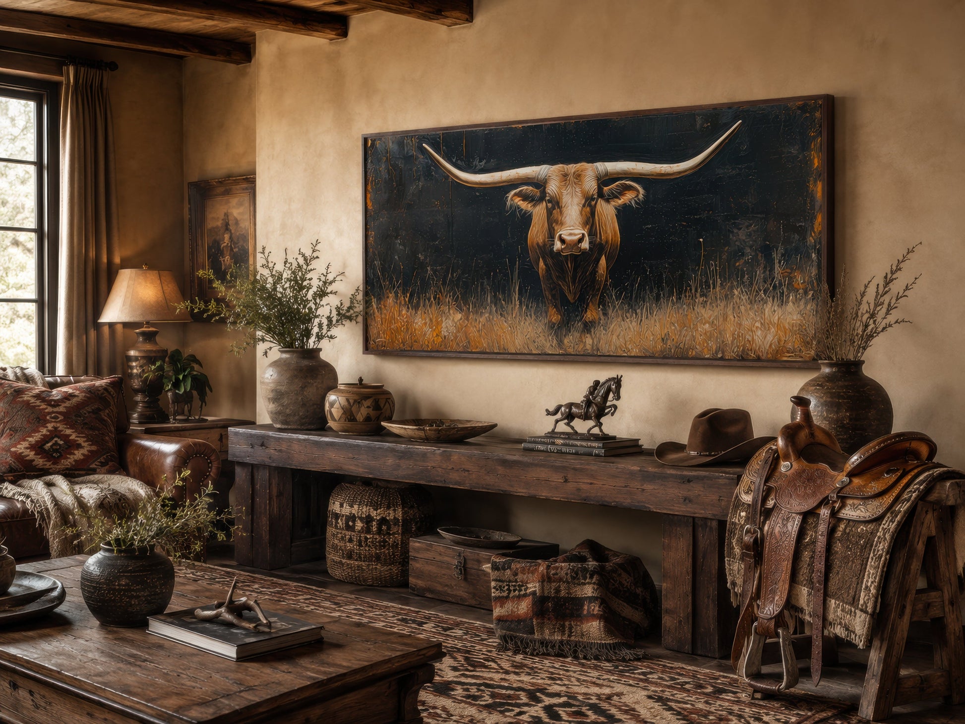 Modern Texas Longhorn Steer In The Grass Framed Farmhouse Canvas Wall Art