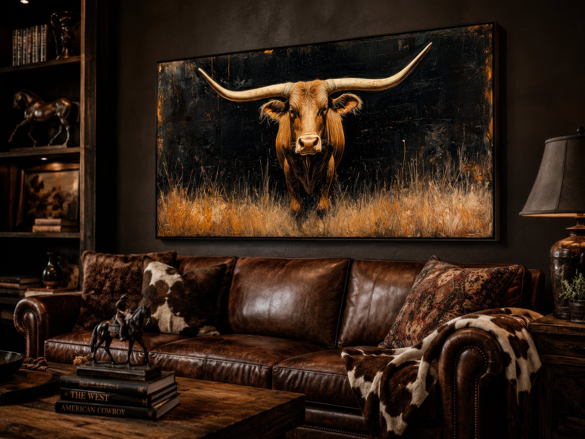 Modern Texas Longhorn Steer In The Grass Framed Farmhouse Canvas Wall Art