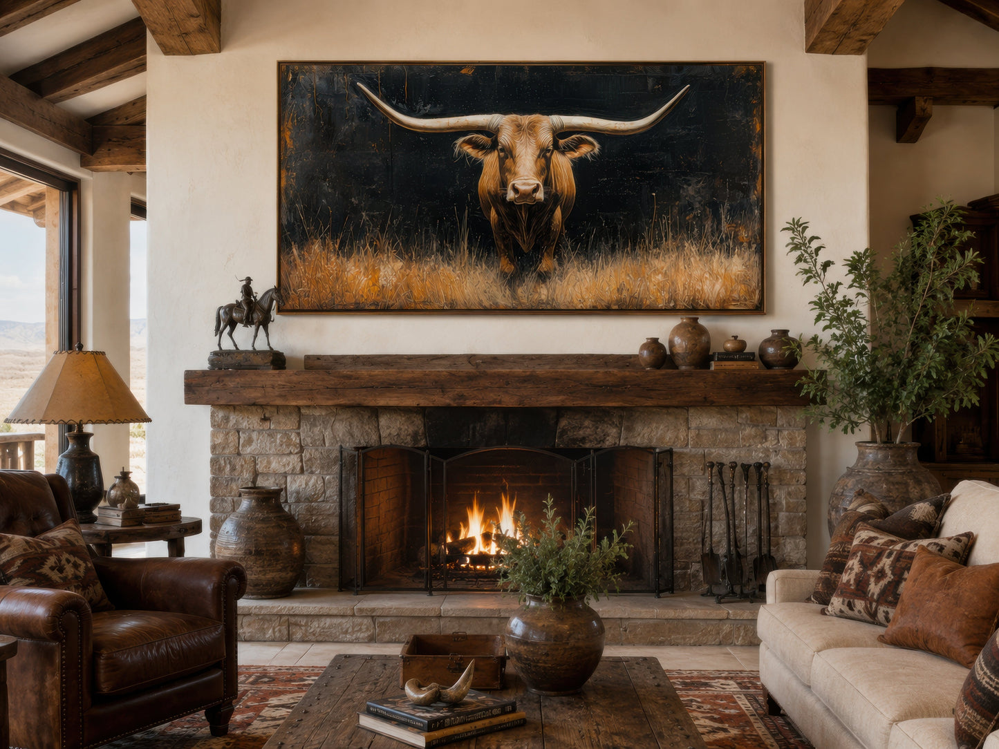 Modern Texas Longhorn Steer In The Grass Framed Farmhouse Canvas Wall Art