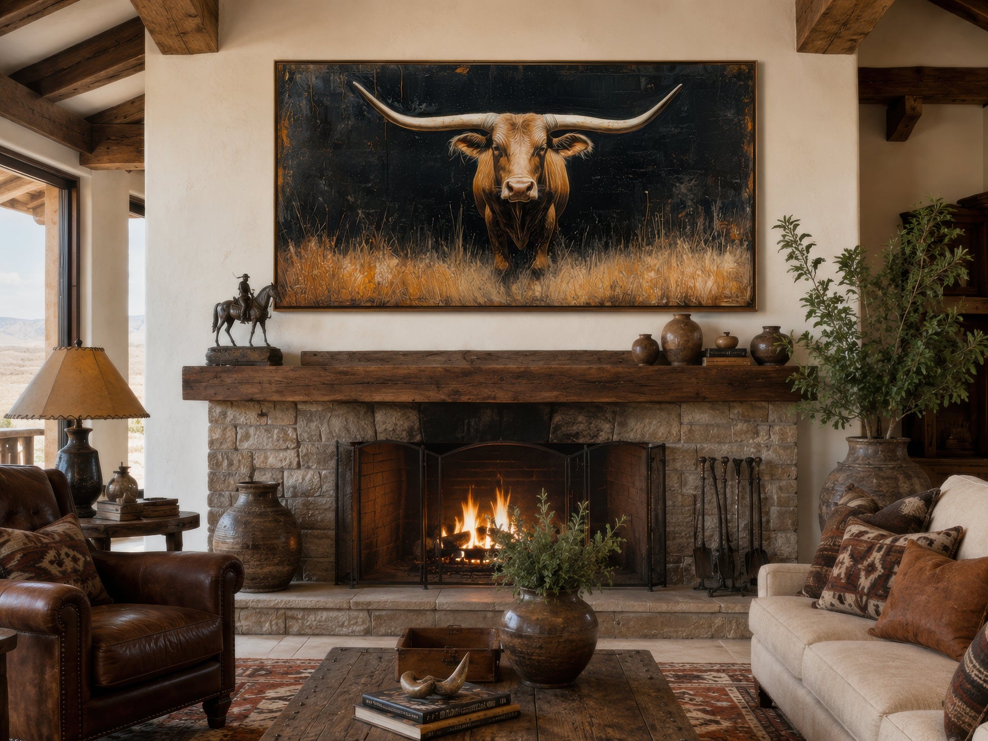 Modern Texas Longhorn Steer In The Grass Framed Farmhouse Canvas Wall Art