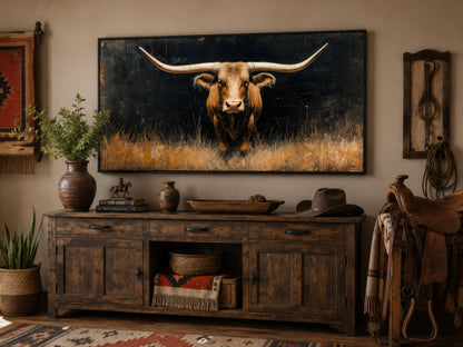 Modern Texas Longhorn Steer In The Grass Framed Farmhouse Canvas Wall Art