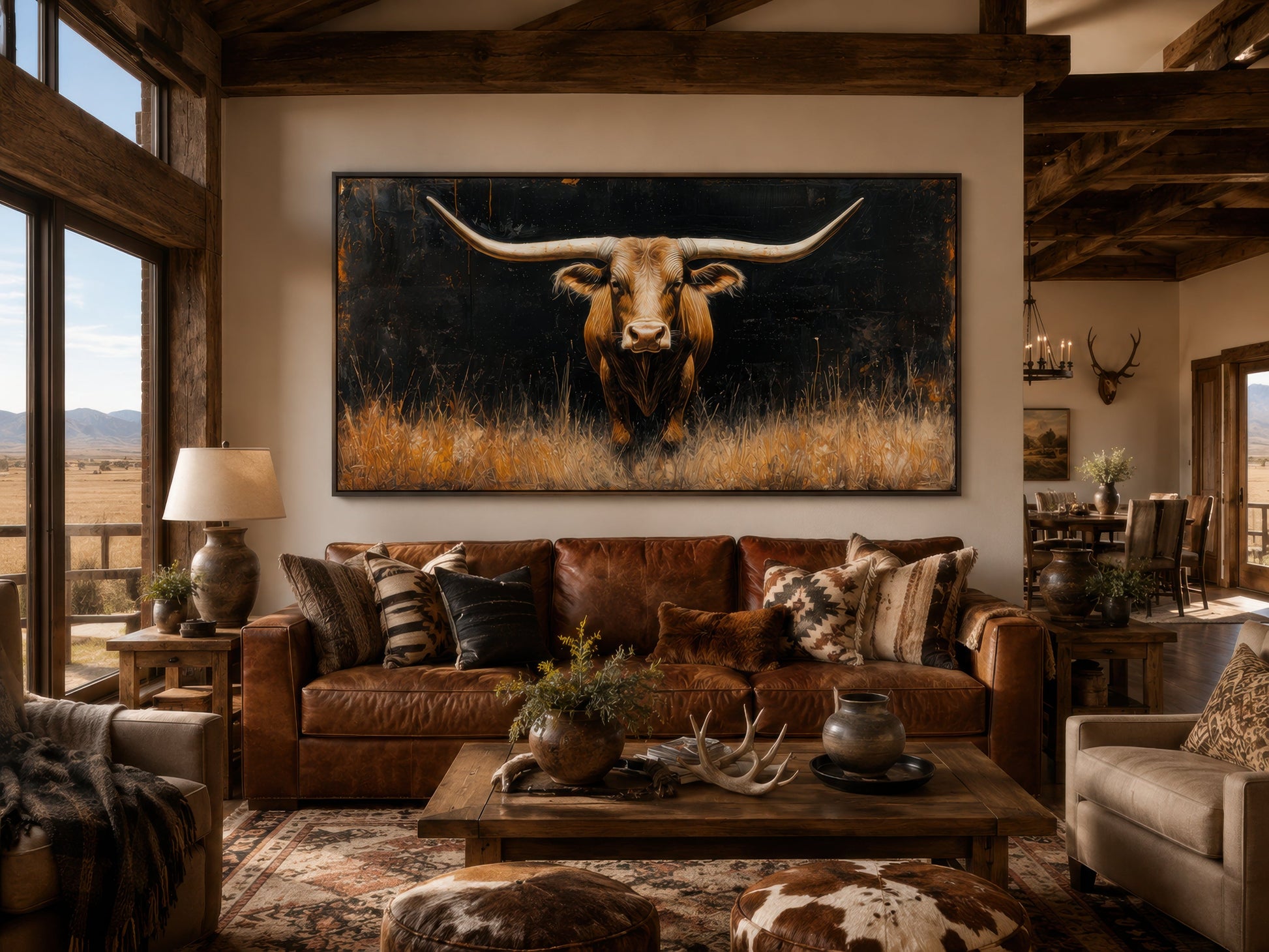 Modern Texas Longhorn Steer In The Grass Framed Farmhouse Canvas Wall Art