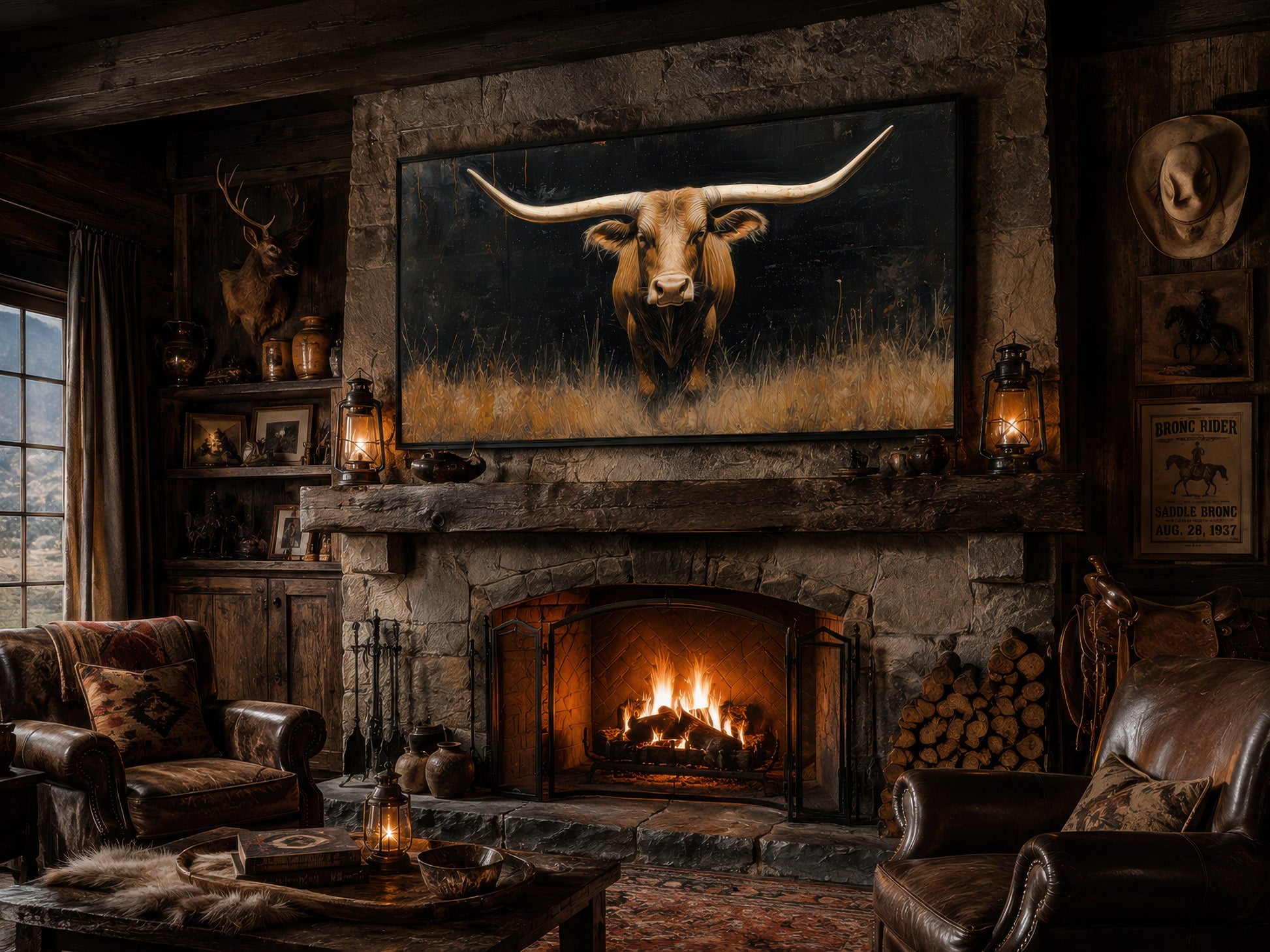 Modern Texas Longhorn Steer In The Grass Framed Farmhouse Canvas Wall Art