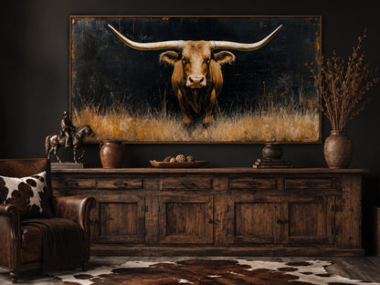 Modern Texas Longhorn Steer In The Grass Framed Farmhouse Canvas Wall Art