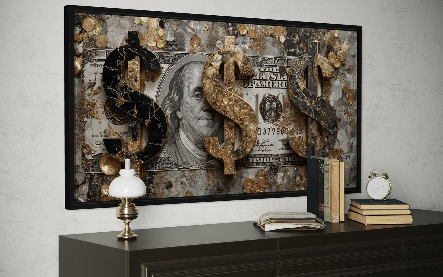Money Wall Art – Gold Coin Canvas, Executive Office Decor & Modern Masculine Art for Men