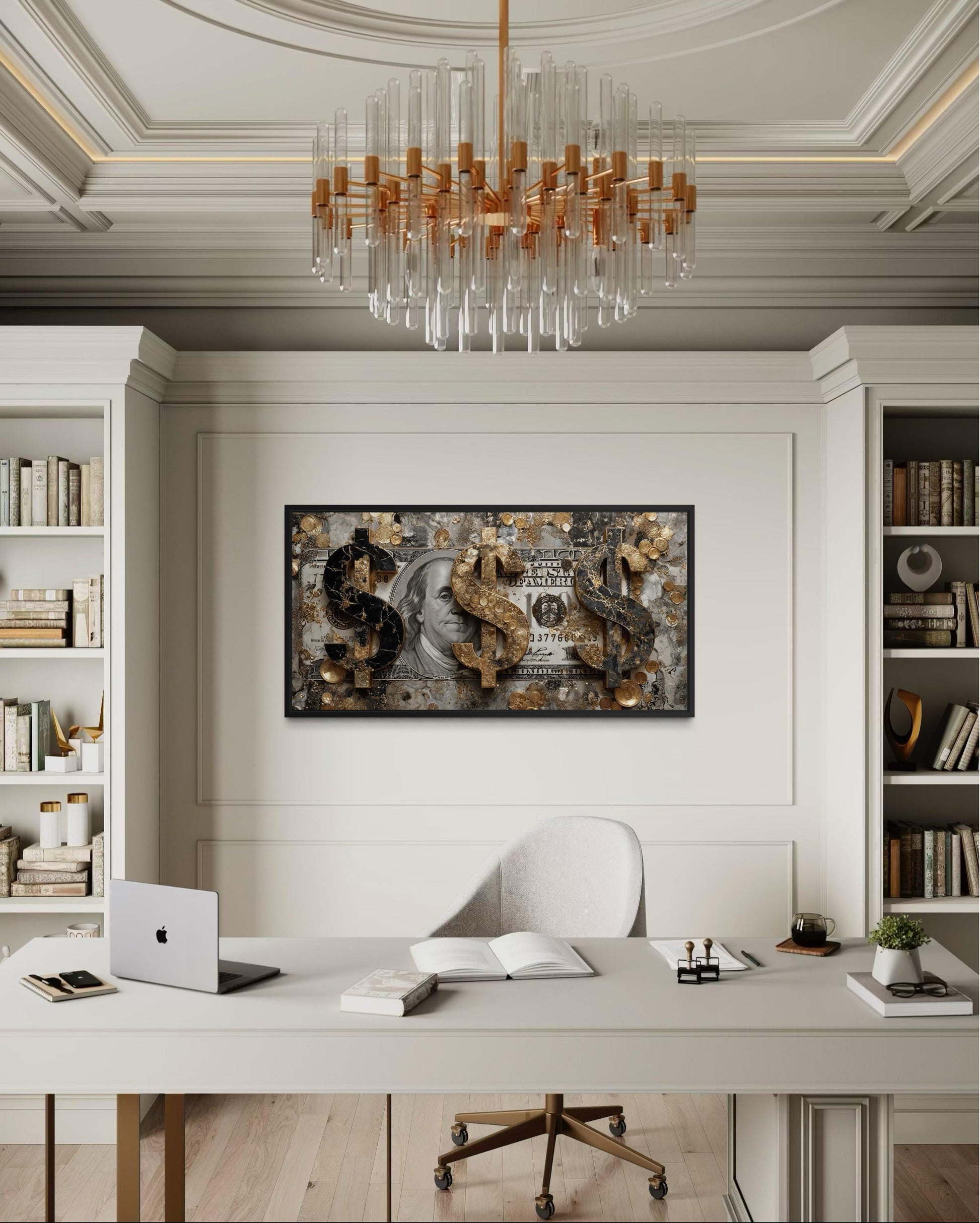 Money Wall Art – Gold Coin Canvas, Executive Office Decor & Modern Masculine Art for Men