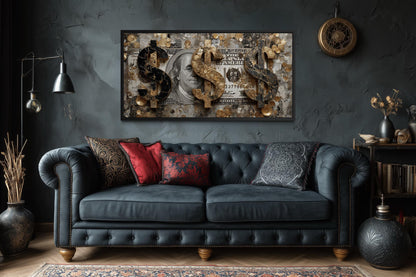Money Wall Art – Gold Coin Canvas, Executive Office Decor & Modern Masculine Art for Men