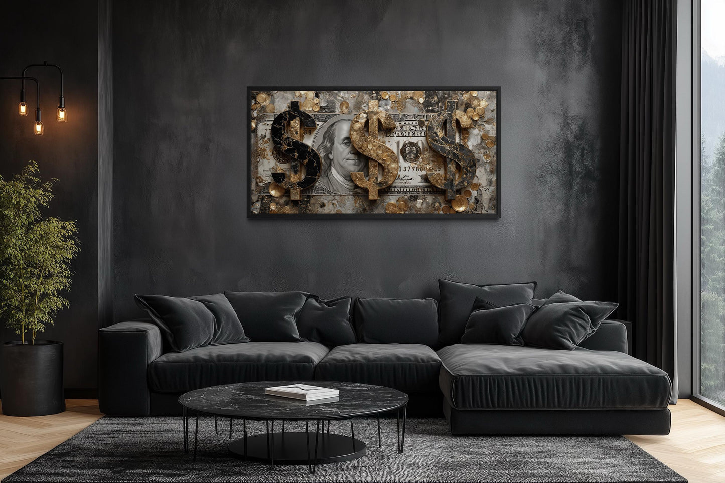 Money Wall Art – Gold Coin Canvas, Executive Office Decor & Modern Masculine Art for Men